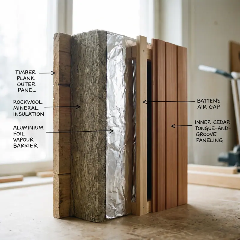 Dinding: rockwool + foil — detail pengerjaan Kontraktor Sauna Bekasi