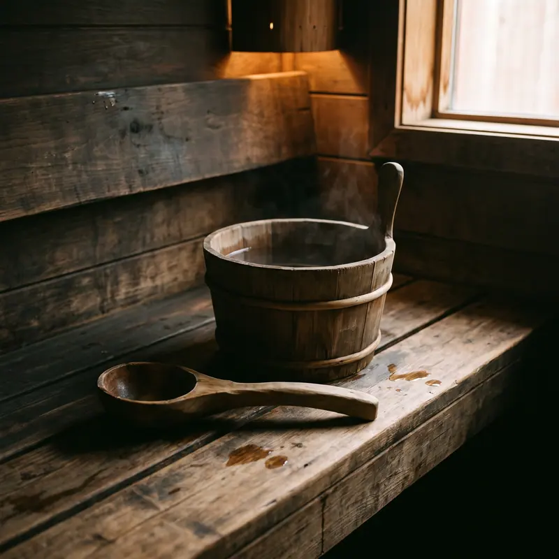 Ember & gayung kayu — detail pengerjaan Kontraktor Sauna Bekasi