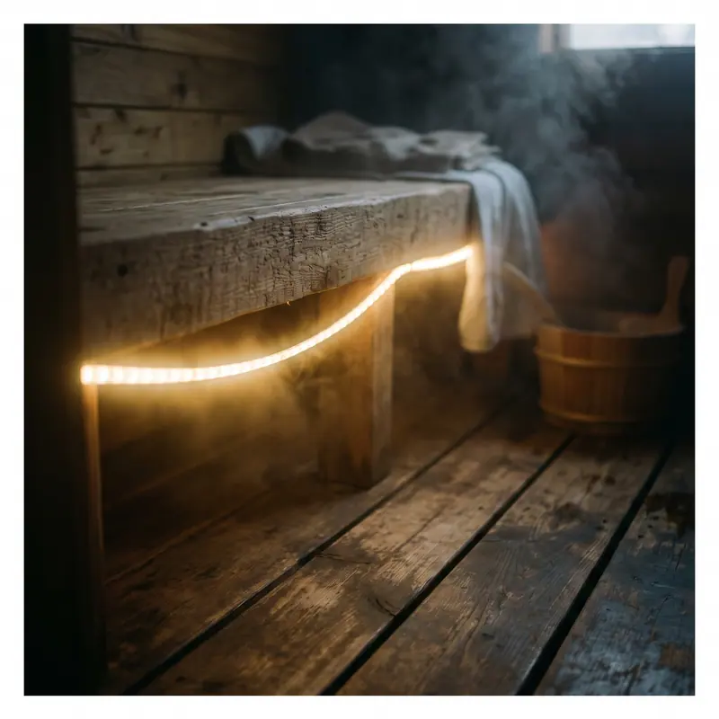 LED tahan panas bawah bangku — detail pengerjaan Kontraktor Sauna Bekasi