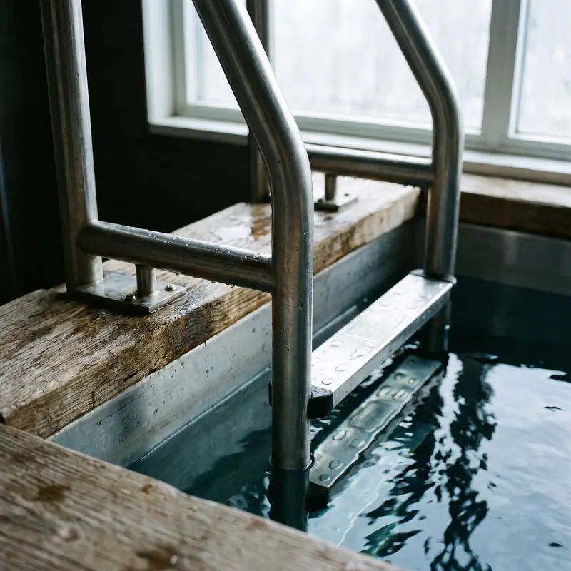 Tangga stainless cold plunge — detail pengerjaan Kontraktor Sauna Bekasi