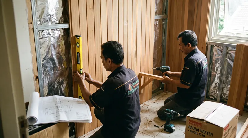 Dua teknisi merakit panel dinding cedar sauna di kamar rumah Bekasi dengan foil penahan uap terlihat