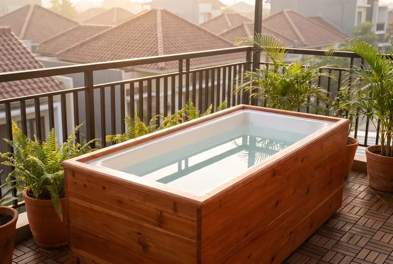 Air jernih cold plunge di balkon pagi hari