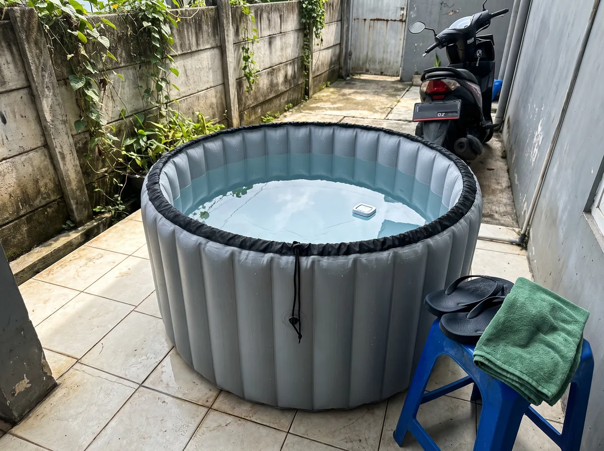 Ice bath tiup bulat portable di halaman samping rumah Bekasi