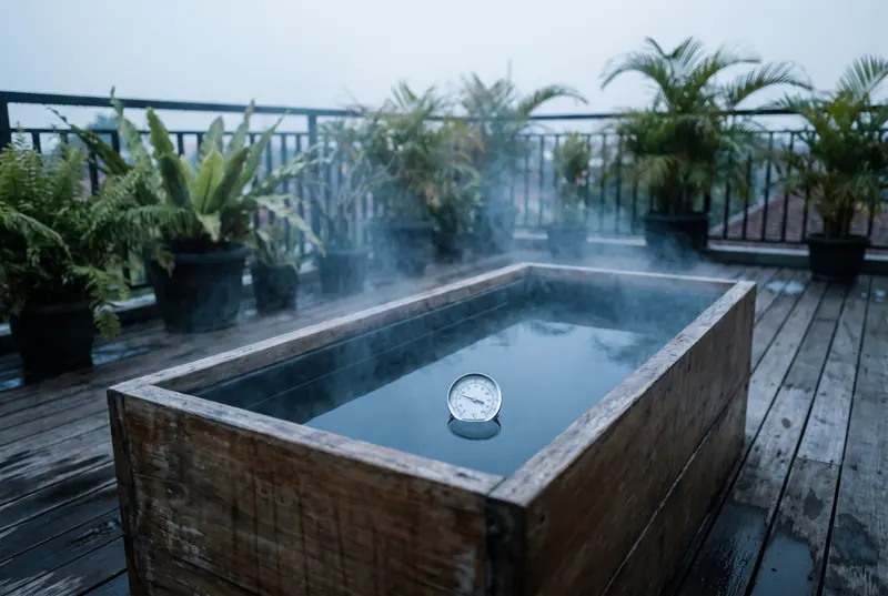 Uap dingin di permukaan air es cold plunge pagi hari