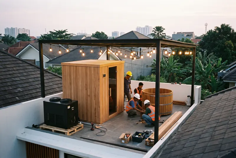 Tim kami merakit sauna dan ice bath di rooftop rumah cluster Bekasi