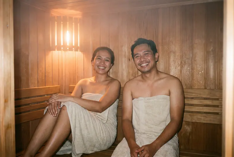 Jual & pasang sauna di Bekasi — pemilik menikmati sesi pertama