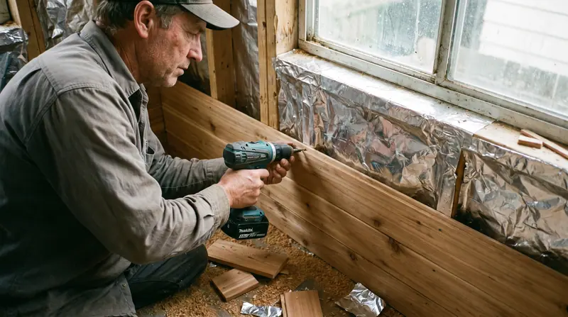 Tukang memasang panel kayu cedar dan vapor barrier foil pada rangka sauna
