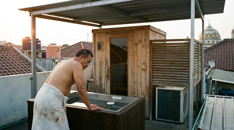 Sauna kayu dan bak ice bath di rooftop rumah Bekasi di bawah kanopi baja saat senja