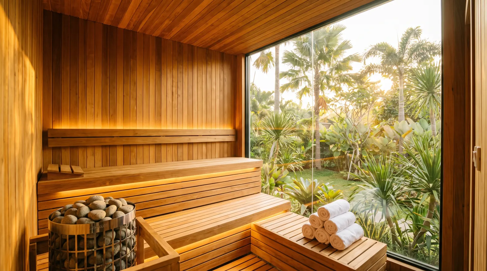 Interior sauna kayu cedar dengan pencahayaan hangat — jual sauna Bekasi