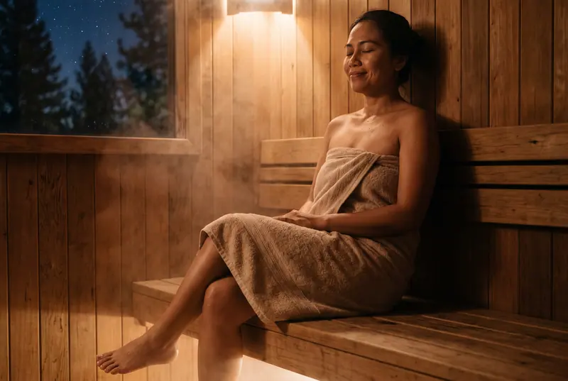 Sesi sauna malam dengan cahaya amber hangat di Bekasi