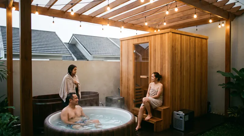 Keluarga di halaman rumah cluster Bekasi dengan sauna kayu, bak ice bath, dan jacuzzi di bawah pergola