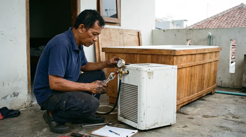 Chiller ice bath di Bekasi — pemilik menikmati sesi pertama
