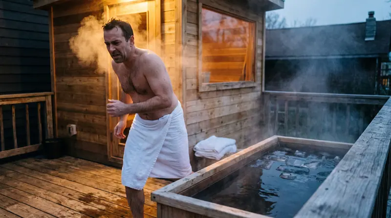 Pria keluar dari sauna kayu menuju cold plunge dalam terapi kontras panas-dingin