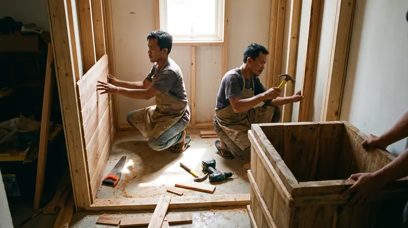 Tim Kontraktor Sauna Bekasi memasang panel kayu sauna dan bak cold plunge di lokasi proyek Bekasi