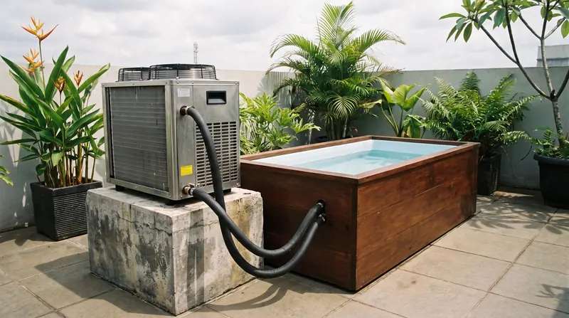 Unit chiller inverter stainless terpasang di samping cold plunge kayu di teras Bekasi