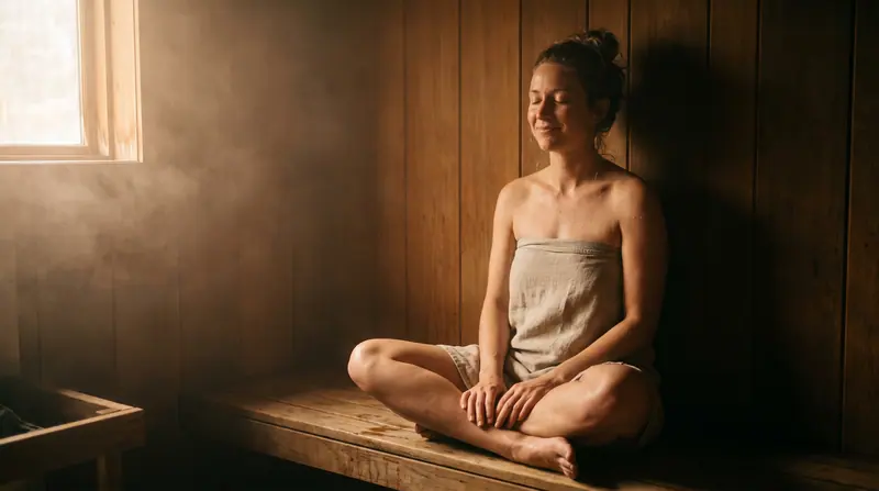 Wanita bersantai di bangku sauna kayu dengan mata terpejam, suasana relaksasi